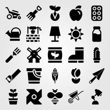 Bahçe vektör Icon set. Mısır, arı, gübre ve kaktüs