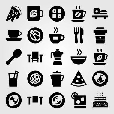 Restoran vektör Icon set. Pizza, kahve, meyve suyu ve çorba