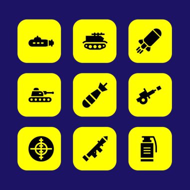 Silah vektör Icon set. bomba, tank, savaş topu ve el bombası