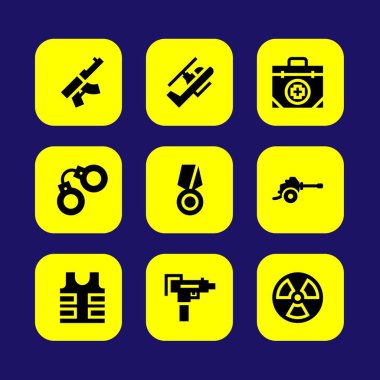 Silah vektör Icon set. ilk yardım çantası, kurşun geçirmez yelek, madalya ve radyasyon