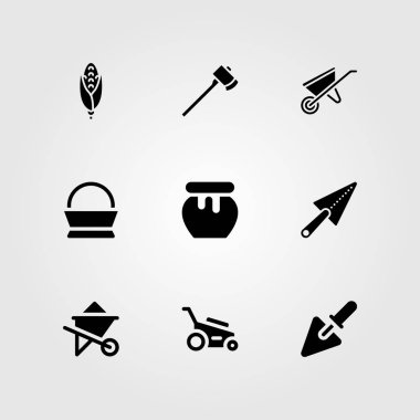 Bahçe vektör Icon set. Mala, sepet, balta ve whelbarrow