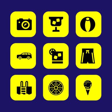 Yaz aylarında vektör Icon set. Yüzme Havuzu, dondurma, araba ve plaj topu