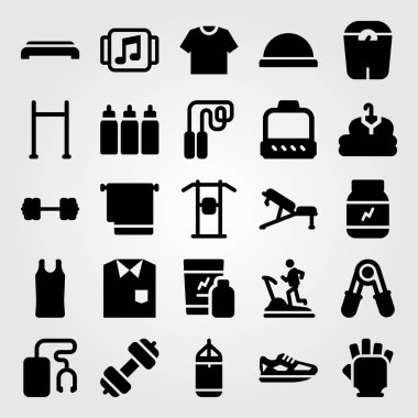 Fitness vektör Icon set. sallar, kapsül, eldiven ve çekme kadar bar