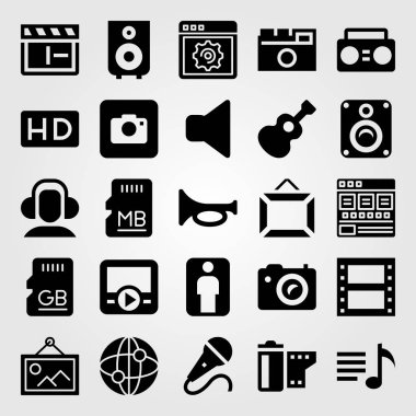 Multimedya vektör Icon set. trompet, hoparlör, film oynatıcı ve boombox