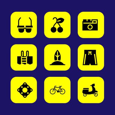 Yaz aylarında vektör Icon set. Bisiklet, fotoğraf makinesi, cankurtaran ve sörf