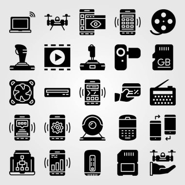 Teknoloji vektör Icon set. telefon, web kamerası, kredi kartı ve dizüstü