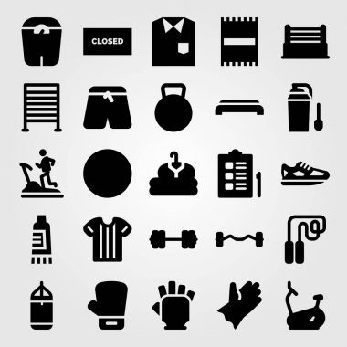 Fitness vektör Icon set. havlu, havlu, boks eldiven ve atlama plaj