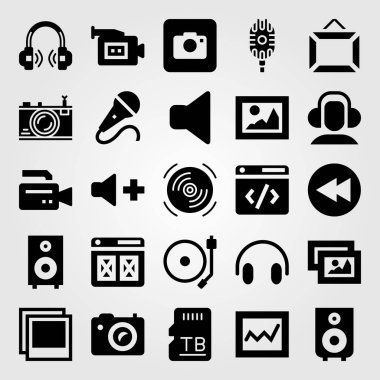 Multimedya vektör Icon set. sessiz, geri sarma, mikrofon ve sd kart