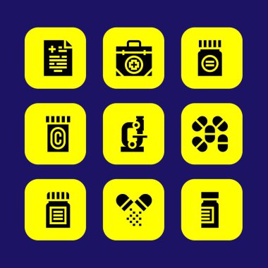 Tıp vektör Icon set. hap, İlkyardım çantası, tıp ve mikroskop
