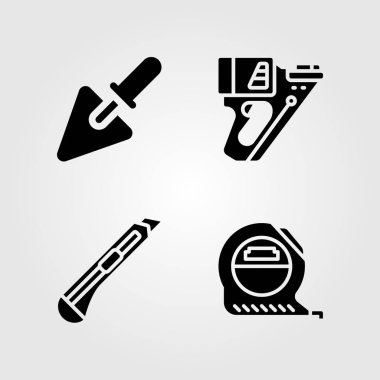 Araçlar Icons set. Vektör çizim çivi silahı, mezura, ölçü ve kesici