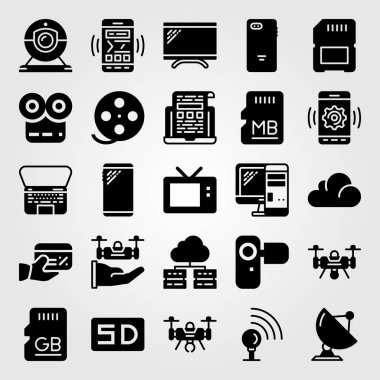 Teknoloji vektör Icon set. Radar, monitör, fotoğraf makinesi ve tv