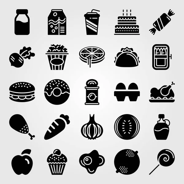 Alimentos y bebidas icono conjunto de vectores. manzana, sardinas, tarta y pastel de cumpleaños — Vector de stock