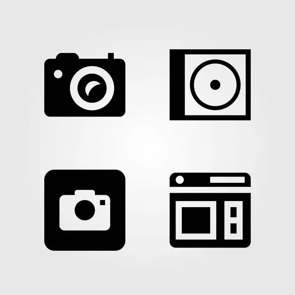 Conjunto de iconos multimedia. Cámara fotográfica de ilustración vectorial, disco compacto y navegador — Archivo Imágenes Vectoriales