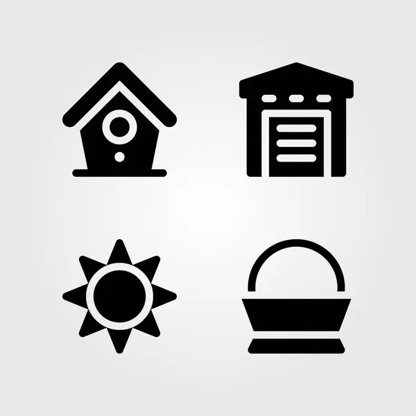 Set di icone da giardino. Sole illustrazione vettoriale, casa degli uccelli, magazzino e cesto — Vettoriale Stock