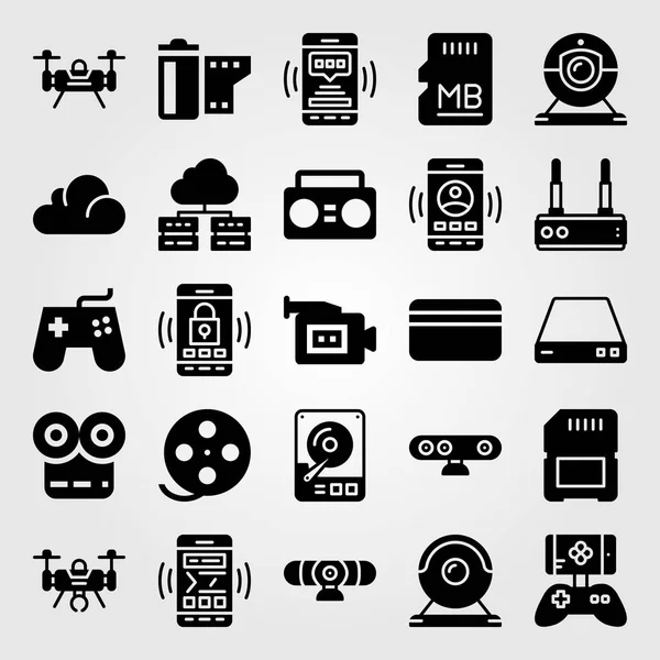 Technology vector icon set. memory, sd card, video camera and credit card — Stock Vector