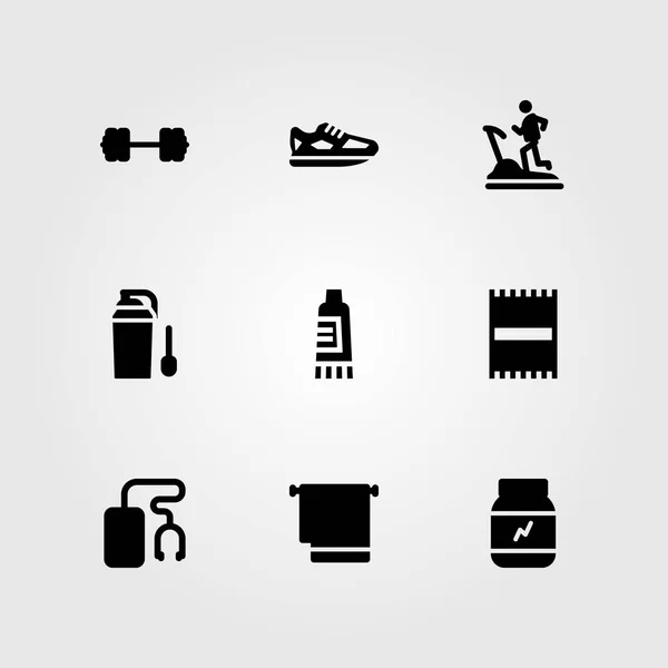 Fitness vector icon set. treadmill, music player, beach towel and protein — Stock Vector