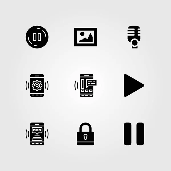 Essentials vector icon set. képet, a smartphone, a mikrofon és a lakat — Stock Vector