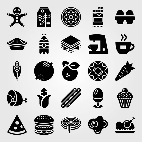 Alimentos y bebidas vector icono conjunto. naranja, donut, pizza y pastel — Archivo Imágenes Vectoriales