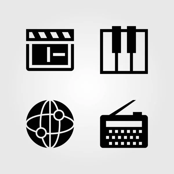 Multimedia icons set. Vector illustration radio, clapperboard, internet and keyboard — Stock Vector