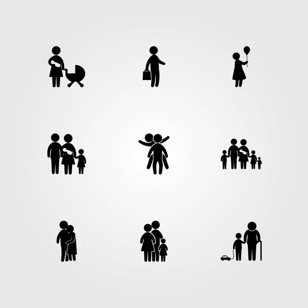Icono humano vector conjunto. mamá, mujer con balón, niño y madre con bebé — Vector de stock