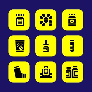 Tıp vektör Icon set. ilk yardım çantası, hapları, oksijen tüpü ve tüp