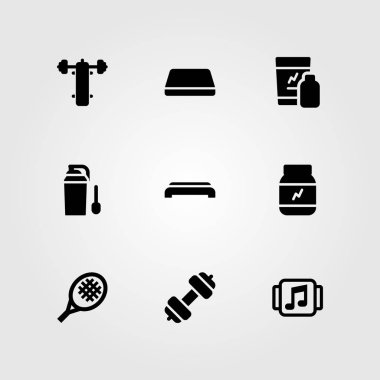 Fitness vektör Icon set. adım, jimnastik minderi, sarsıntı ve spor salonuna adım