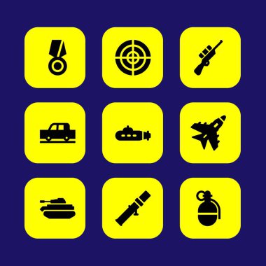 Askeri vektör Icon set. denizaltı, madalya, tank ve araba