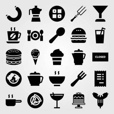 Restoran vektör Icon set. Kupası, sosis, sebze ve su ısıtıcısı