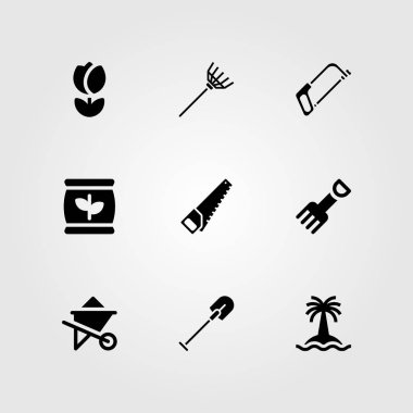Bahçe vektör Icon set. el testeresi, çatal, kürek ve whelbarrow