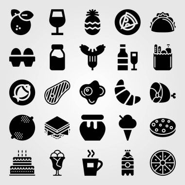 Yiyecek ve içecekler Icon set vektör. bardak şarap, limon, doğum günü pastası ve biftek