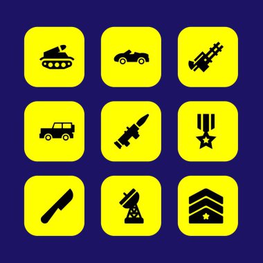 Askeri vektör Icon set. madalya, jeep, anten ve araba