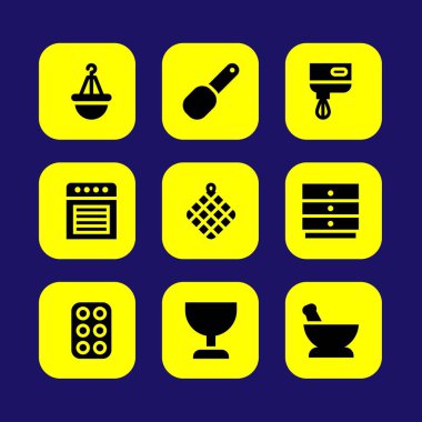 Mutfak vektör Icon set. Mikser, harç, pot ve havlu