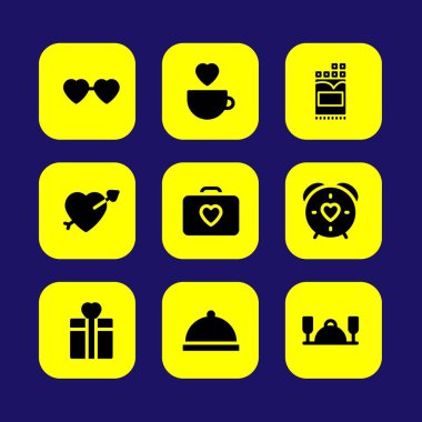Sevgililer günü vektör Icon set. aşk Kupası, plaka, kalp gözlük ve akşam yemeği