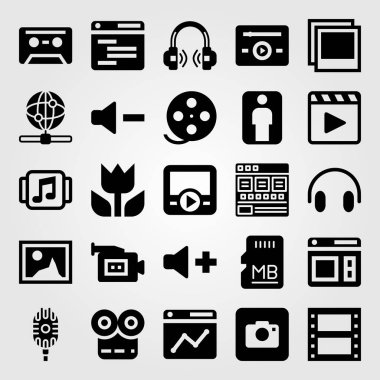 Multimedya vektör Icon set. Film oynatıcı, bellek, internet ve adam