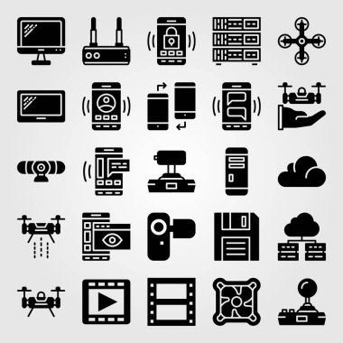 Teknoloji simge vektör ayarlayın. Tablet, kamera, pc durumda ve film rulo