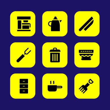 Mutfak vektör Icon set. Çatal, su ısıtıcısı, çöp kutusu ve kase