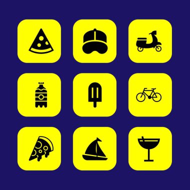 Yaz aylarında vektör Icon set. Dondurma, motosiklet, soda ve içecek