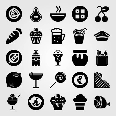 Yiyecek ve içecekler Icon set vektör. Dondurma, sushi, soda ve jambon