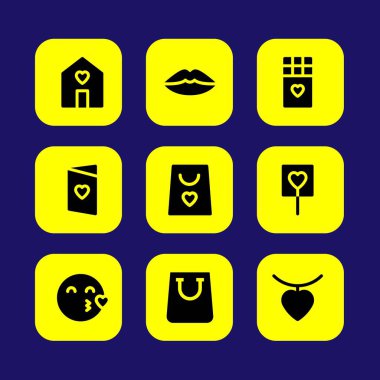 Sevgililer günü vektör Icon set. alışveriş çantası, dudaklar, sevgi ve Sevgililer günü