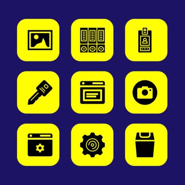 Temel vektör Icon set. fotoğraf makinesi, resim, anahtar ve arşiv