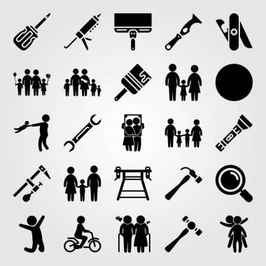 Araçlar simgesi vektör ayarlayın. multitool, erkek, yaşlı ve kızı atlama