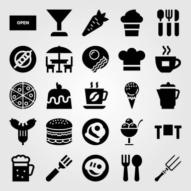 Restoran vektör Icon set. Burger, çatal bıçak takımı, Teras ve kek