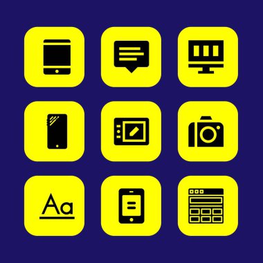 Web tasarım vektör Icon set. Smartphone, fotoğraf makinesi, tablet ve yazı tipi