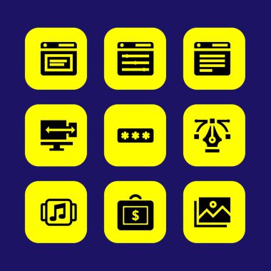 Web tasarım vektör Icon set. evrak çantası, tarayıcı, parola ve müzik oyuncu