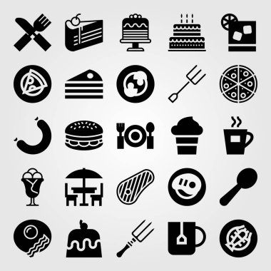Restoran vektör Icon set. doğum günü pastası, Kahvaltı, burger ve çay Kupası