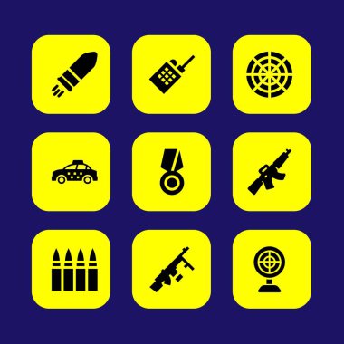 Askeri vektör Icon set. Madde işaretleri, radar, madalya ve araba