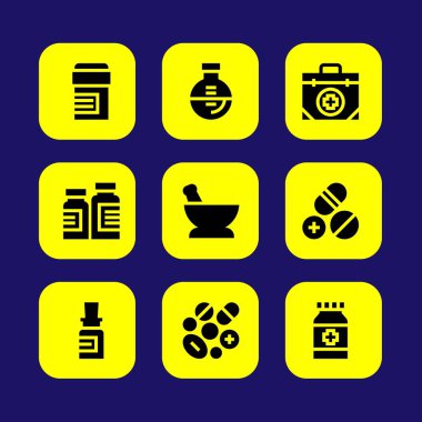 Tıp vektör Icon set. flask, harç, ilk yardım çantası ve tıp