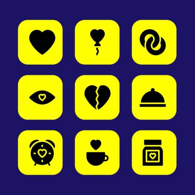Sevgililer günü vektör Icon set. akşam yemeği, kırık kalp, aşk Kupası ve nişan