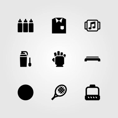 Fitness vektör Icon set. protein, spor salonuna adım, kapsül ve spor salonu eldiven