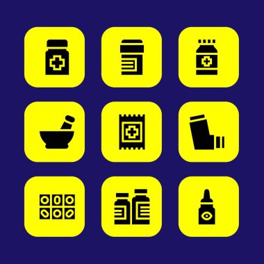 Tıp vektör Icon set. harç, oksijen tüpü, bant ve grubu yardım